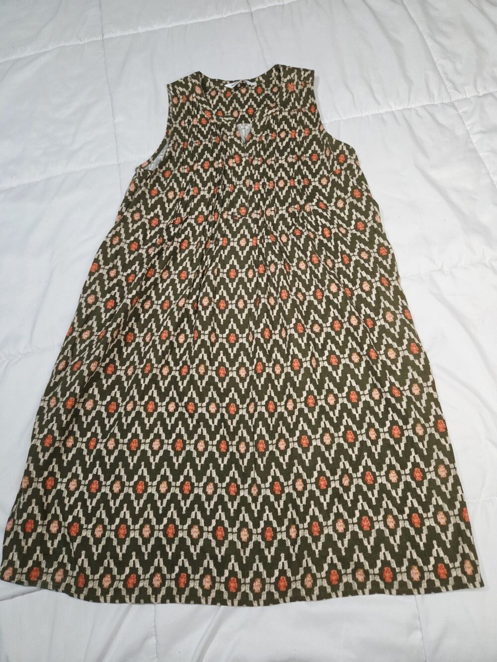 Sonoma S Women Olive Green Orange Geometric Ikat Linen Blend Sleeveless Coastal